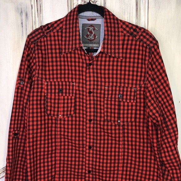 Men’s Sovereign CODE  Black and Red Gingham Top Stitching Detailing Button Down - Picture 4 of 13